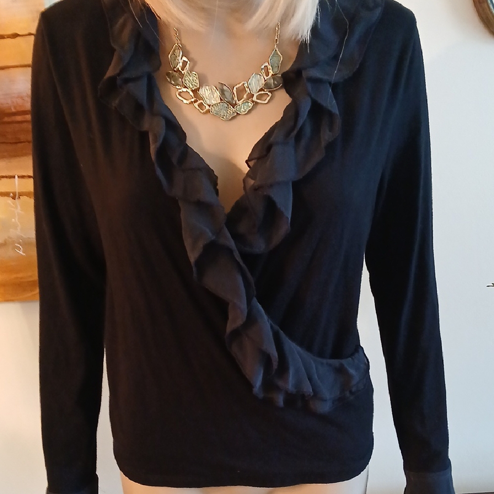 Lauren Ralph Lauren Black Ruffle V-Neck Long Sleeve Top